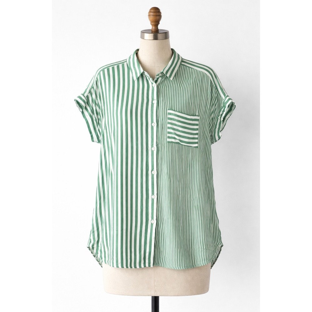 Jane + Delancey Green White Striped Blouse Womens L Button‎ Front High Low Rayon